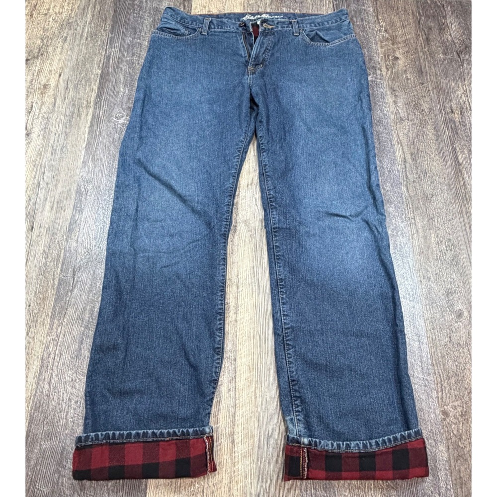 Eddie Bauer Flannel Lined Jeans Mens 36x34 Blue Relaxed Fit Buffalo Plaid Warm